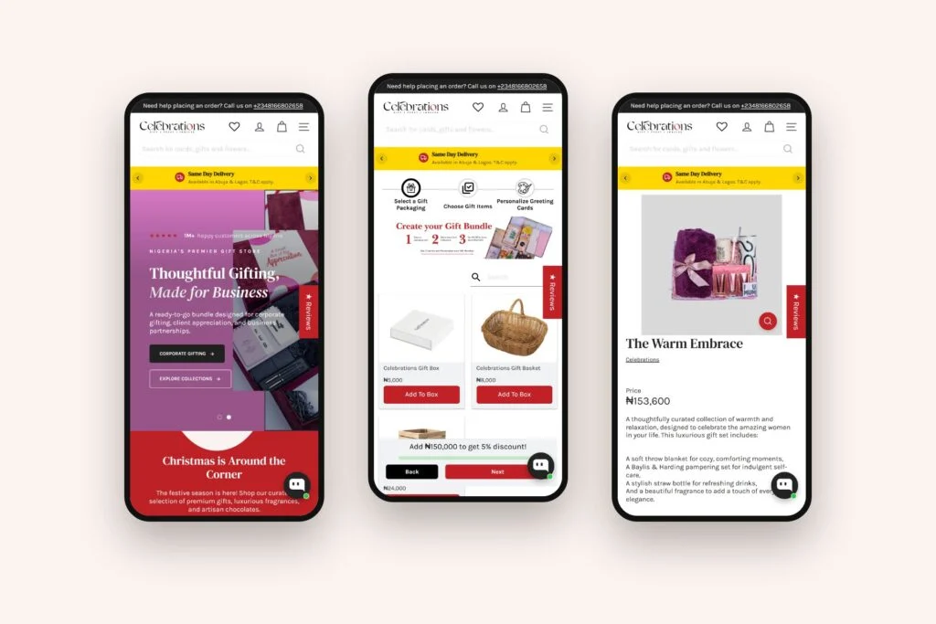 Celebrations mobile homepage, bundle builder and product page