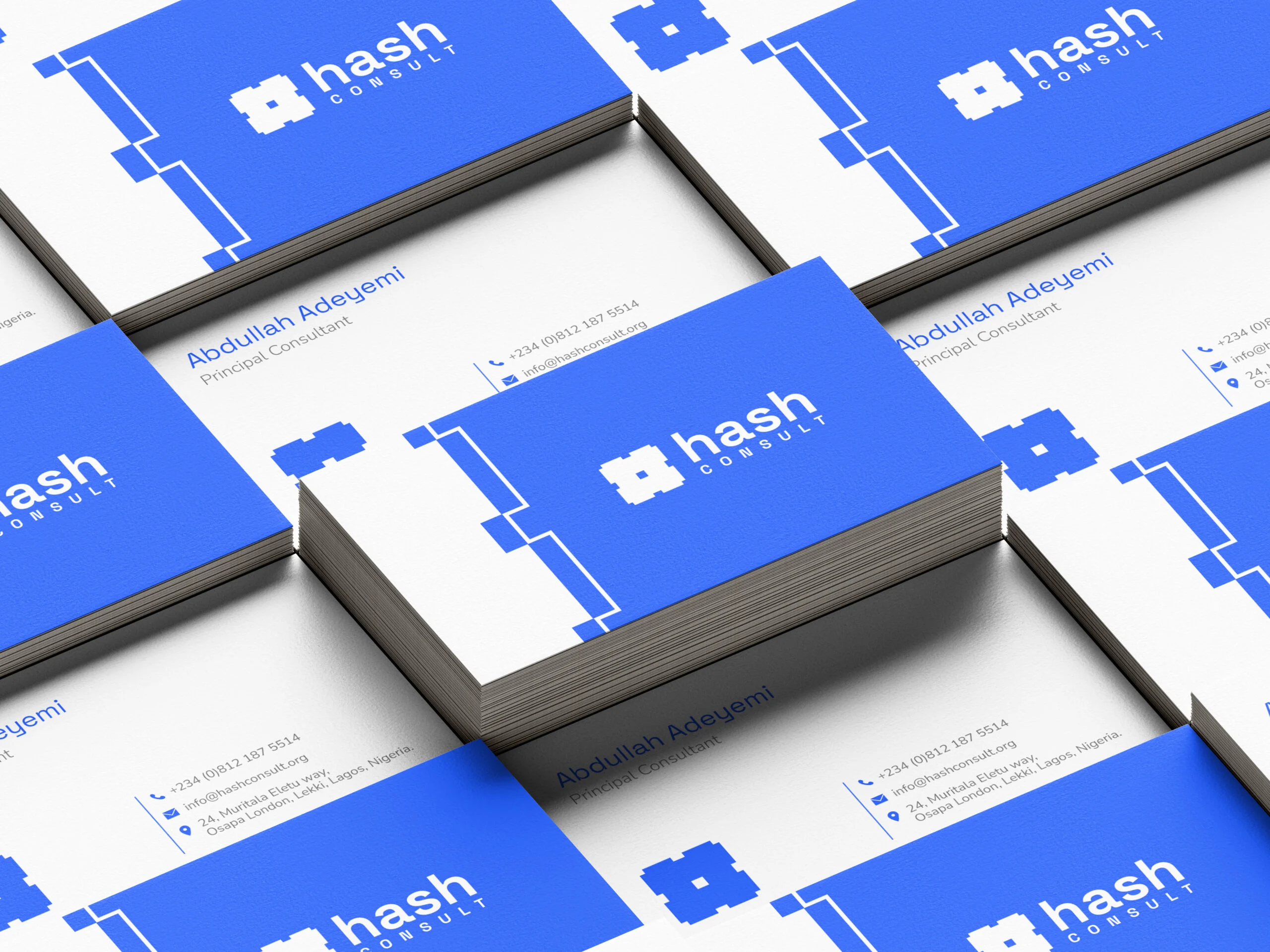 Hash Consult business cards in electric blue and white