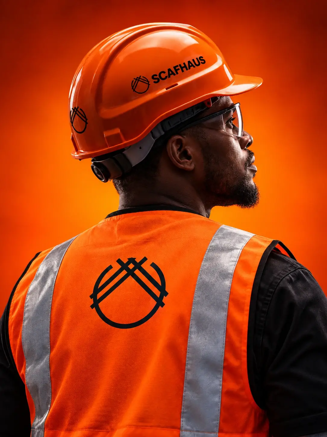 Scafhaus worker in branded orange hard hat and safety vest