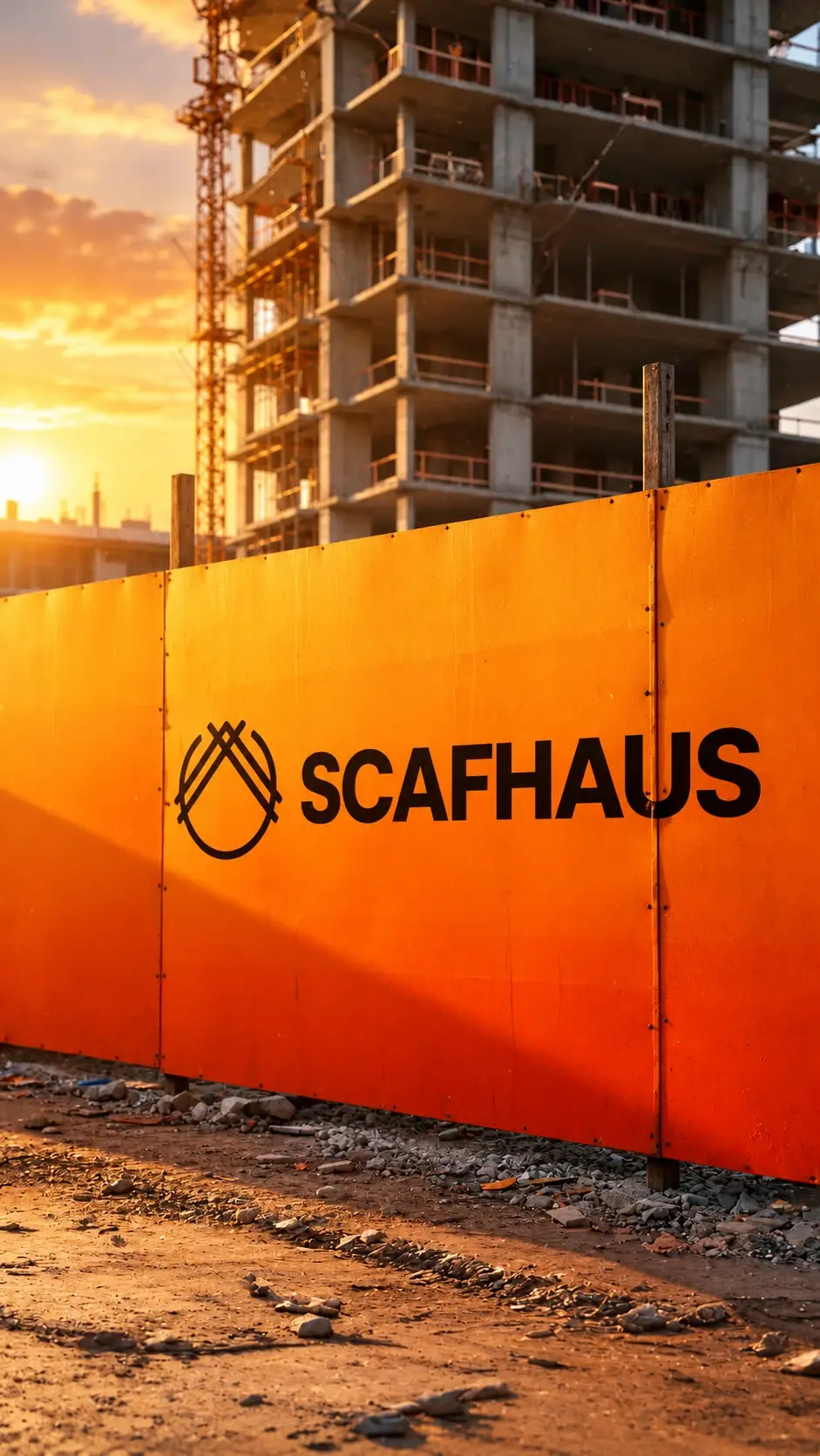 Scafhaus branded site hoarding in front of a building under construction